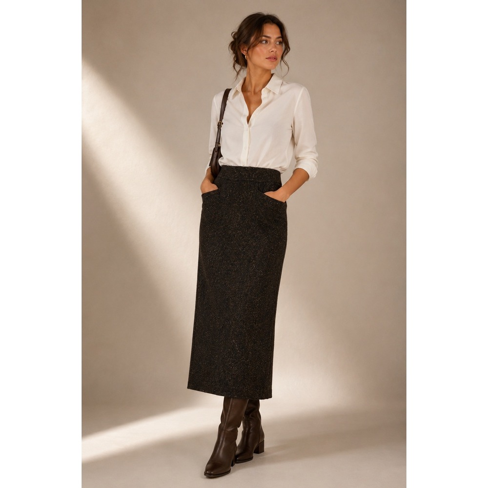 Apostrophe Maxi Skirt Women 4 Brown Vintage Wool Silk Tweed Slit Preppy Heritage